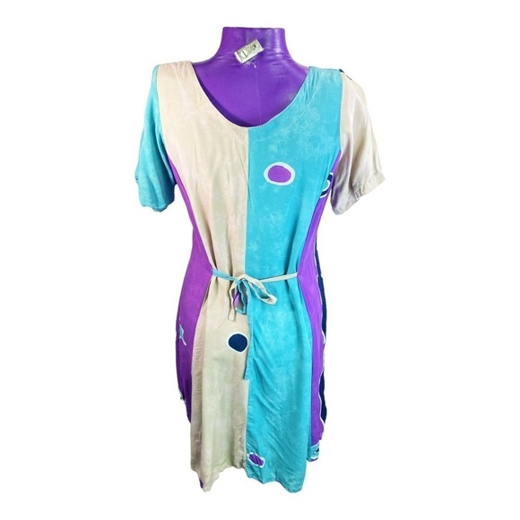 Las Manos vintage rayon tie back short sleeve Indonesian mini dress S - Picture 2 of 8